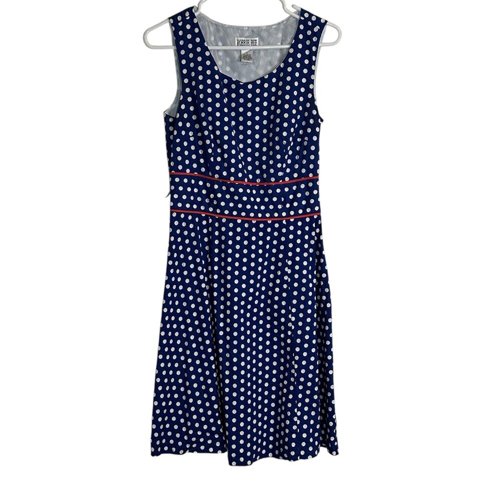 Robbie Bee Dress Vintage Womens 6 Blue White Polka Dot Classic Retro Party Chic